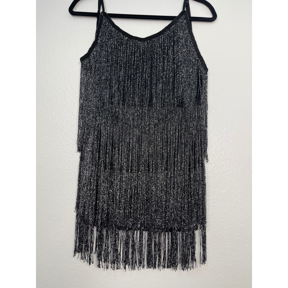 Black Silver Metallic Tiered Fringe Cami Tank Top Small Flapper Dance Party Sm - Picture 9 of 9